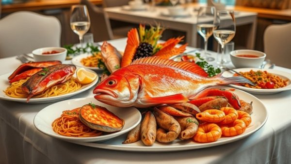 Feast of the Seven Fishes NJ, vibrant seafood spread with wine.