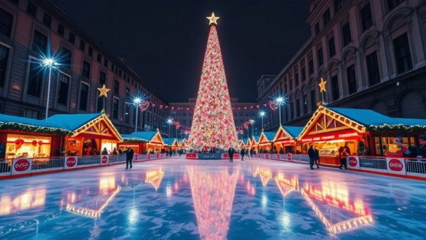 Vibrant Newark winter market with ice rink and Christmas tree.