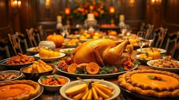 Lavish Thanksgiving dinner spread with turkey and sides in NJ.