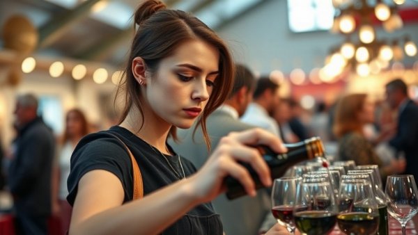 Jersey City Wine Festival 2025: Woman pouring wine at lively indoor event.