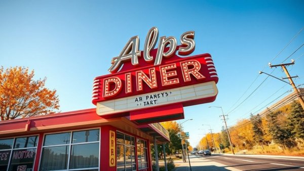 Alps Diner signage at 5th anniversary, sunny roadside scene.