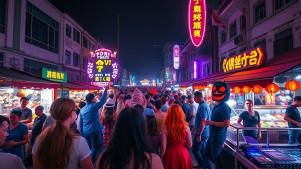Jersey City Halloween Night Market with costumed crowd and DJ.