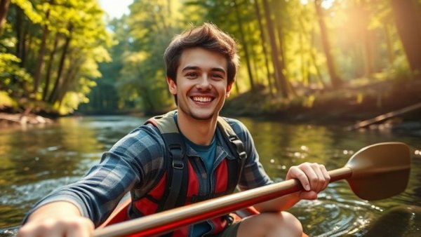 Man kayaking in serene New Jersey hiking trail river.