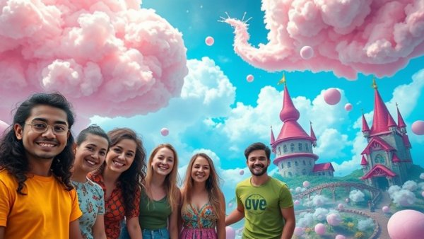 Fantasy scene with smiling people and whimsical background.