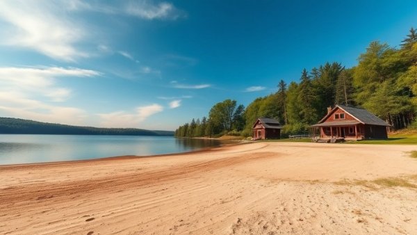 Wharton State Forest camping view of lake and beach.