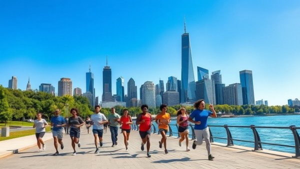 New Jersey urban adventures along a busy waterfront promenade with skyscrapers.