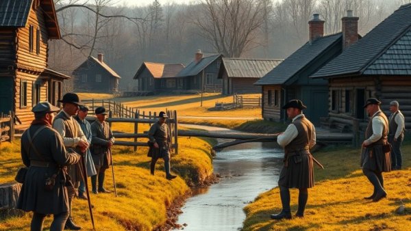 Historical reenactment scene in NJ, soldiers in 18th-century attire.