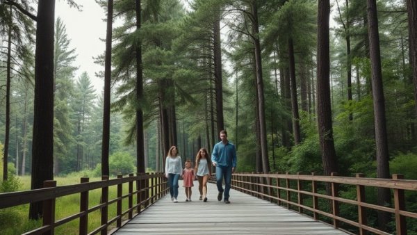 Family walking on boardwalk in NJ forest, Disability travel NJ.
