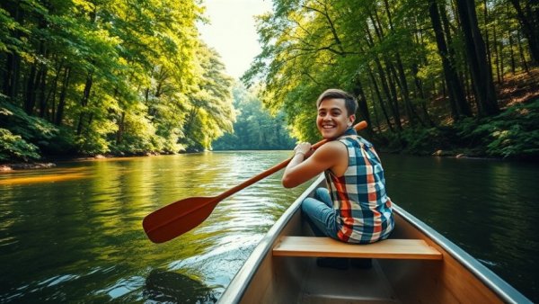 Young man canoeing in scenic green forest, enjoying South Jersey hiking trails.