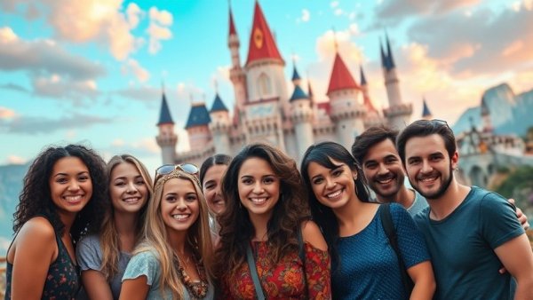 Fantasy adventure group with castles under colorful skies