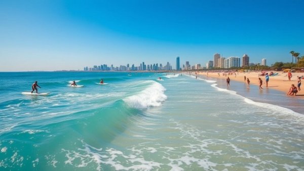 Sunny New Jersey beach vacation spot with surfers and families.