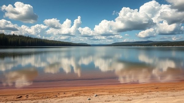 Serene Wharton State Forest lake view with beach and forest.