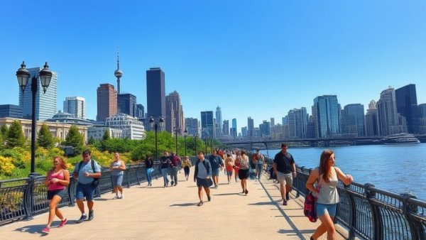 New Jersey urban adventures on a riverside path with skyline view.