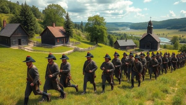 Historical day trips NJ: colonial reenactment scene, soldiers in fields.