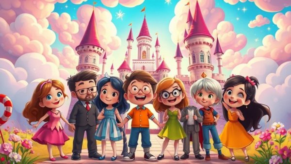 Fantasy cartoon group in colorful landscape, radiant joy.