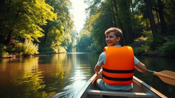 Young man kayaking in lush New Jersey trails forest.