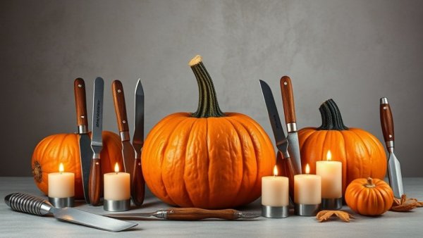 Comprehensive pumpkin carving kit with tools and candles, perfect for New Jersey pumpkin picking adventures.