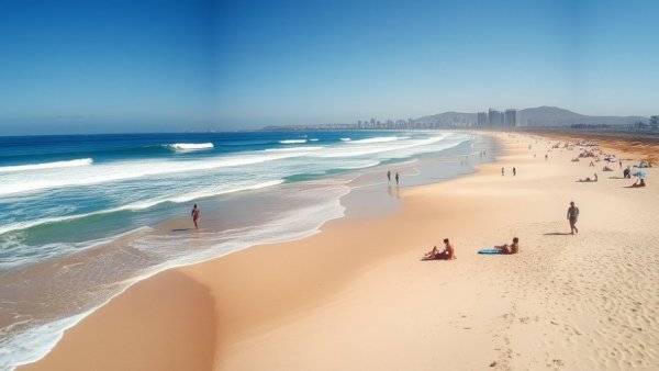 NJ beach vacation spots with surfers and sunbathers.