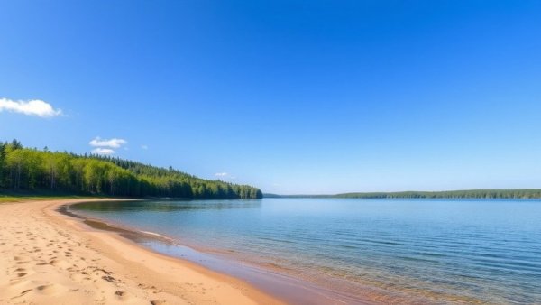 Wharton State Forest camping serene lake view with sandy beach and forest.