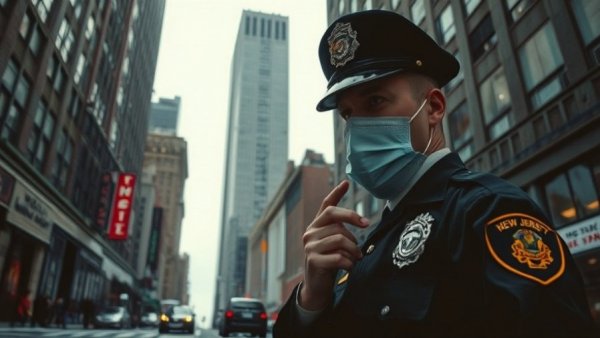 Abstract concept of New Jersey police mask ban in urban setting.