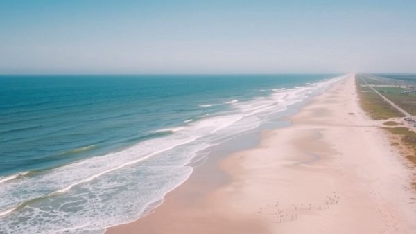 Aerial view of serene Jersey Shore beach with gentle waves, clear sky.