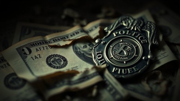 Abstract imagery of financial mismanagement with torn currency and police badge.