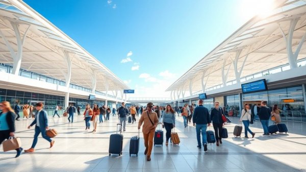 Modern NJ airport terminal with travelers, sunny day.