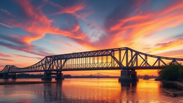 New Jersey Turnpike bridge at sunset, vibrant sky reflection