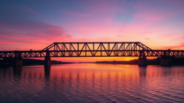 Bridge over river during vibrant sunset on New Jersey Turnpike.