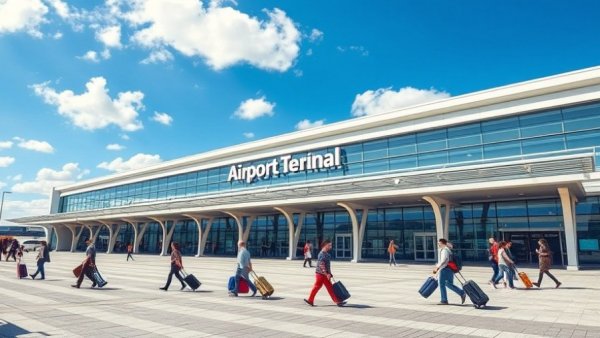 Modern New Jersey airport terminal with travelers and bright sky.