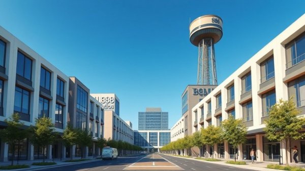 Rendering of 1888 Studios Bayonne complex with water tower.