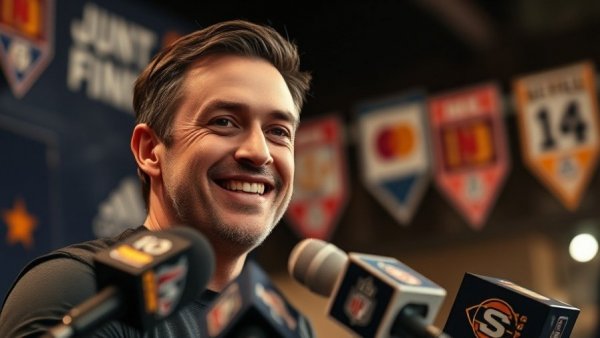 Speaker at press conference for FIFA World Cup 2026, smiling with microphones.