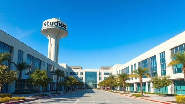 Film and television production campus with modern design and water tower.