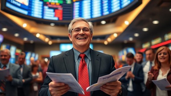 Man holding betting slips at Monmouth Park Caesars Sportsbook, smiling cheerfully.