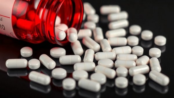 Close-up of white pills from a red bottle on a black surface, illustrating life sciences.