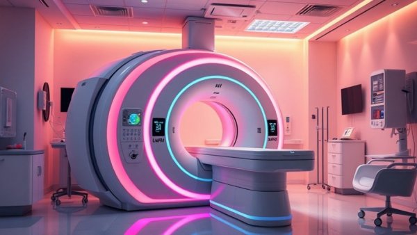 Compact AI-powered portable MRI in a hospital room.