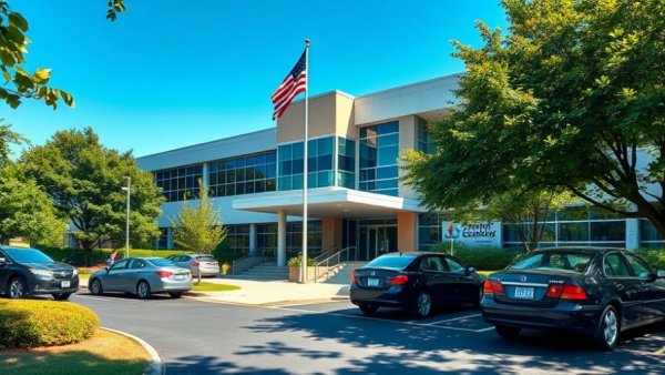 Modern Monmouth Medical Center with parking area and American flag.