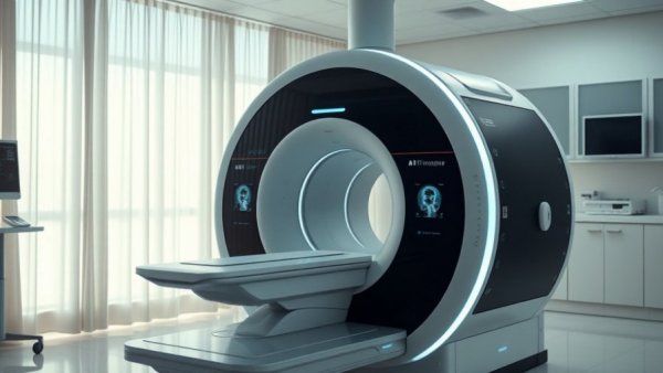 AI-powered portable MRI machine in a softly lit medical room.