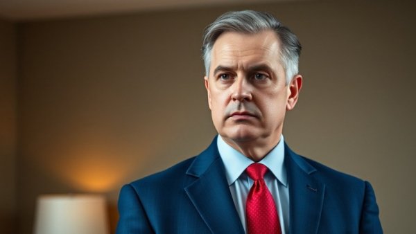 Mature man in a suit, serious expression, warm indoor lighting.