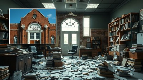 South Brunswick church break-in: disorganized office and church exterior.