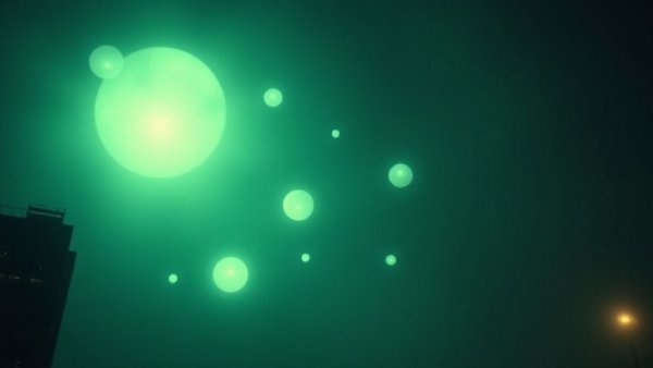 Eerie lights resembling UFO sighting in foggy New York sky.