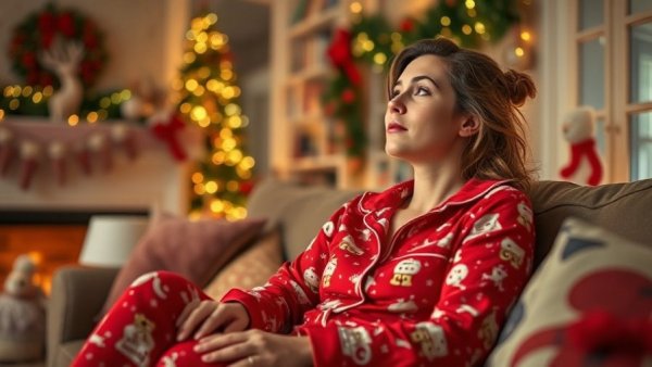 Cozy New Jersey post-Christmas ambiance with woman relaxing by tree.