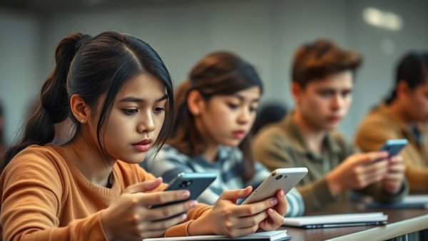 Students using smartphones in New Jersey school before cell phone ban.
