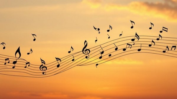 Flowing musical notes against a sunset sky, New Jersey concert listings.