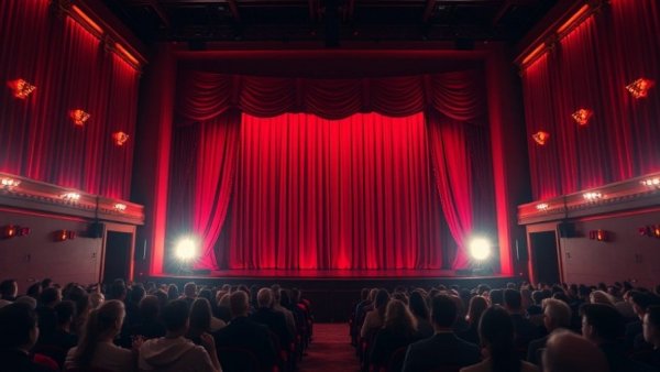 Theater stage at New Jersey arts events with red lighting and audience.