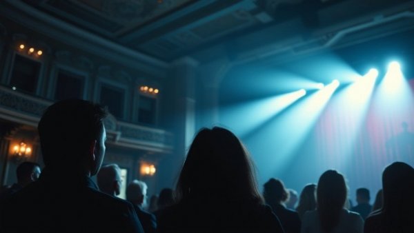 Audience in a New Jersey theater silhouetted in front of the stage.