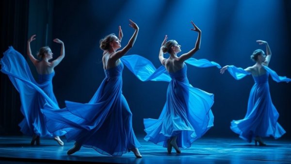 Sa Dance Company New Jersey dancers performing on stage in blue costumes.
