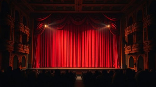 Dimly lit stage with red curtains at New Jersey art events venue.