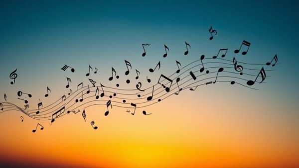 Floating musical notes in a serene sky, vibrant musical flow.