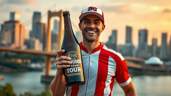 Joe Matarese comedy show advertisement with city backdrop and humorous bottle.